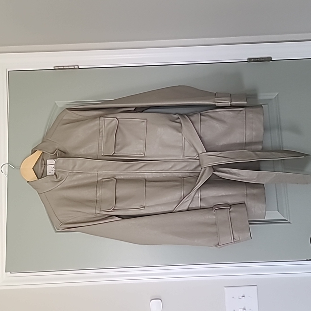 Faux leather belted Anorak jacket tan taupe Womens XXL - Picture 2 of 7